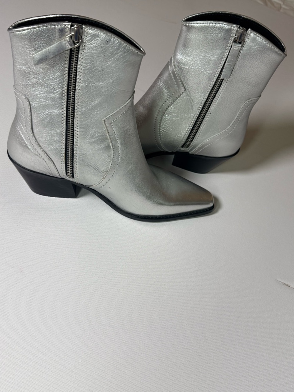 ZARA Metallic Silver Ankle Boots | Western Pointed Toe Zip Booties | Size 39 8.5 - Picture 4 of 11